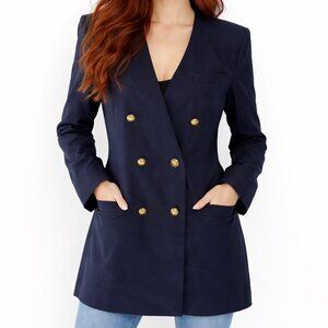 Vintage 90s Kasper Navy Blue Long Blazer Jacket Double Breasted Womens Size 8